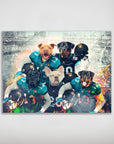 Personalized Jacksonville Doggos 5-pet poster featuring dogs in teal and black football jerseys.