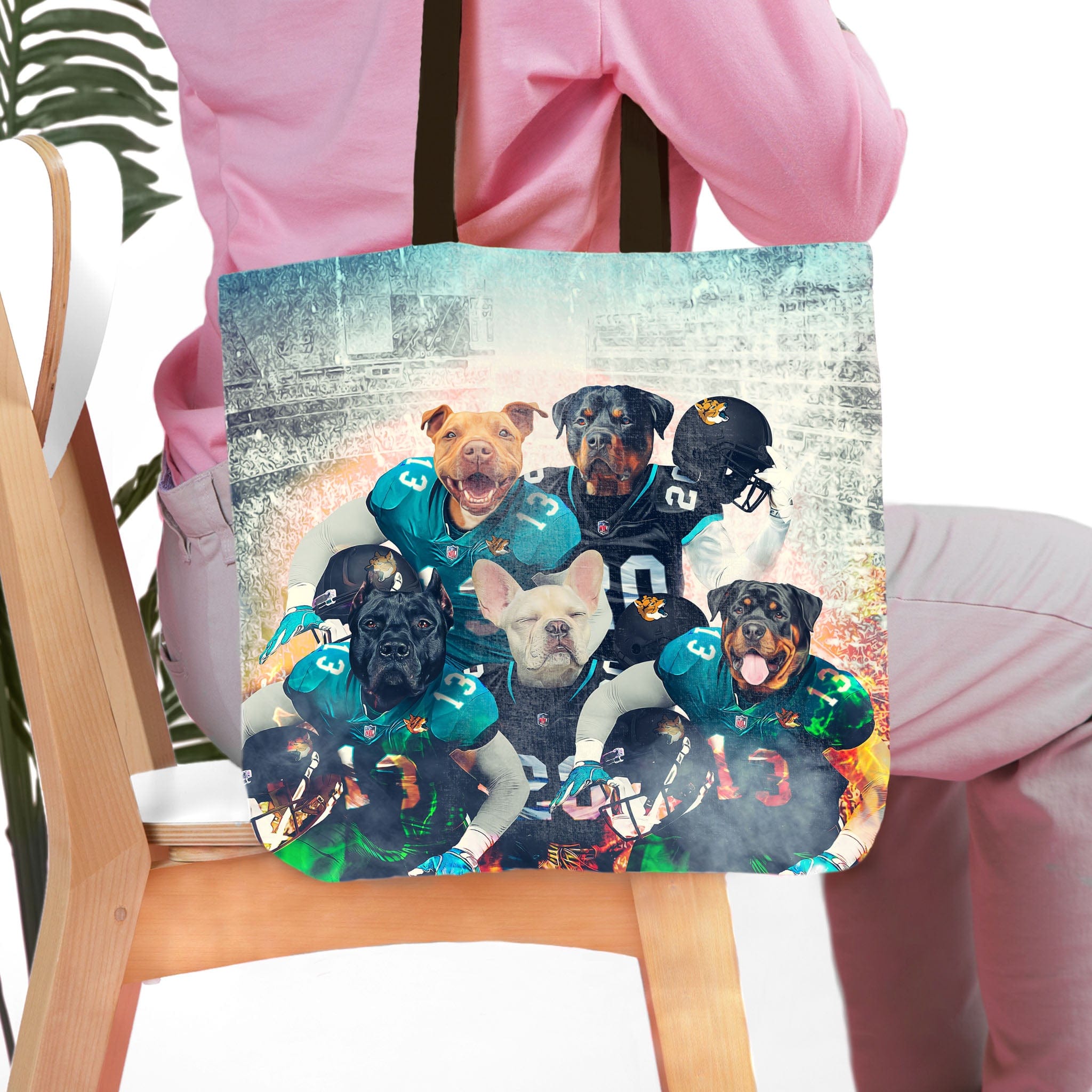 Personalized 5-pet portrait tote bag featuring dogs in Jacksonville Doggos football uniforms.