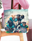 Personalized 5-pet portrait tote bag featuring dogs in Jacksonville Doggos football uniforms.