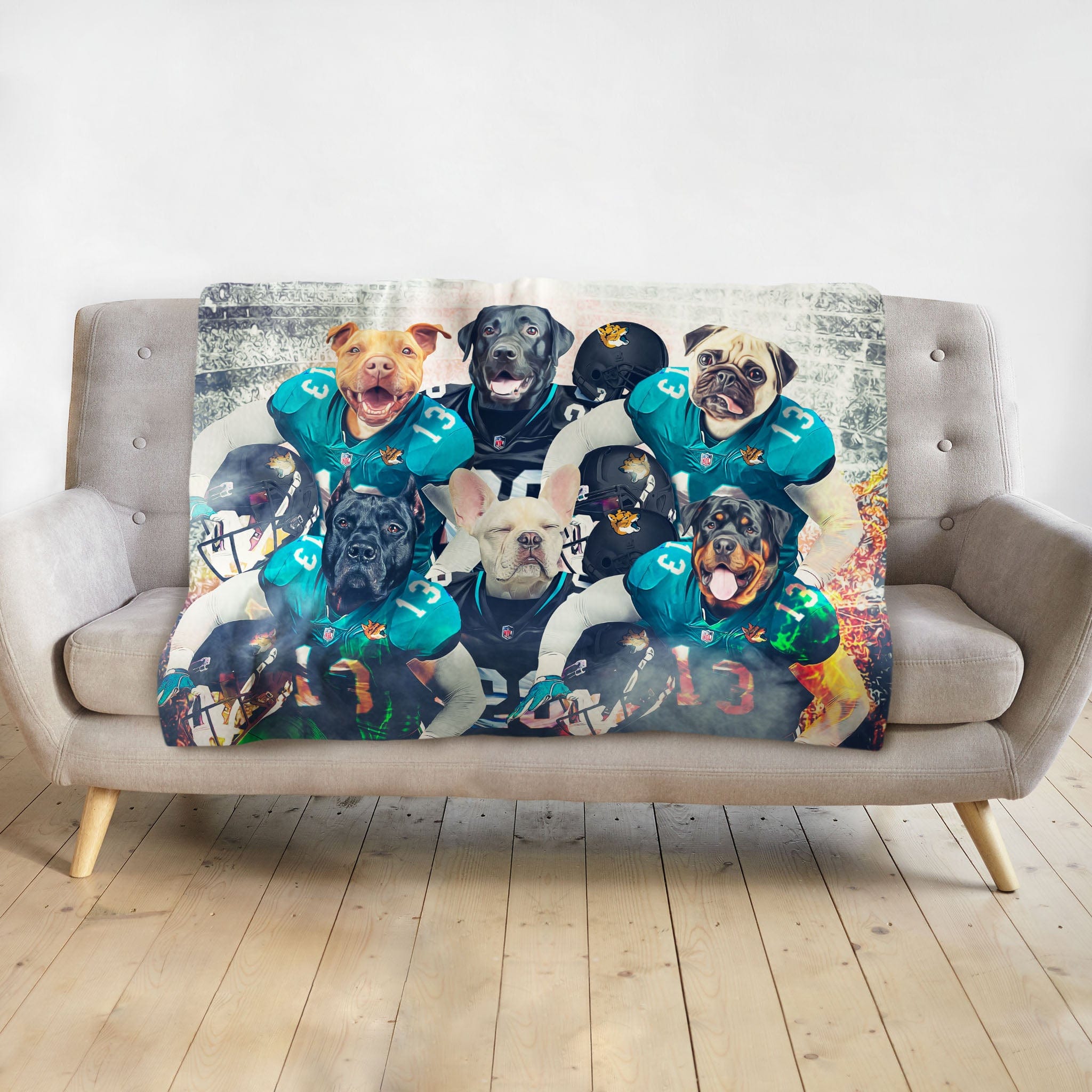Custom personalized pet blanket with six dogs in Jacksonville Doggos football uniforms.