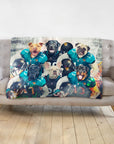 Custom personalized pet blanket with six dogs in Jacksonville Doggos football uniforms.