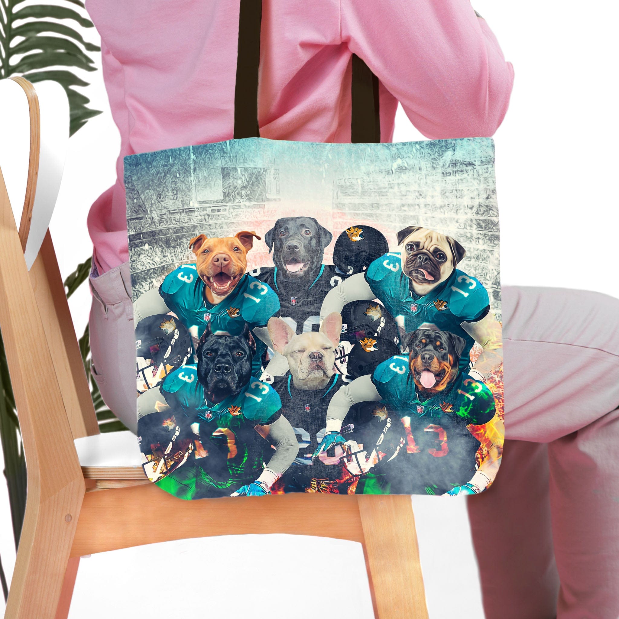 Personalized 6-pet portrait tote bag featuring dogs in Jacksonville Doggos football uniforms.