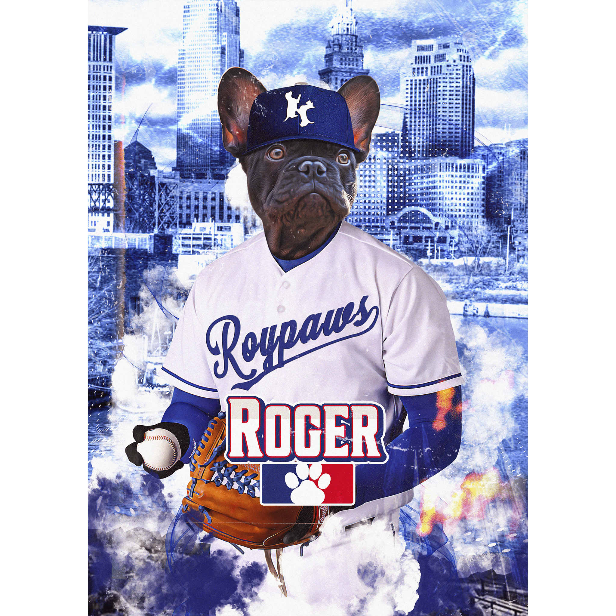 Personalized digital portrait of a French Bulldog in a Kansas City Royals baseball uniform.