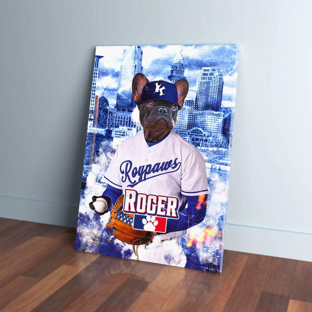 Personalized pet canvas featuring a French Bulldog in a white "Roypaws Roger" baseball uniform and cap.