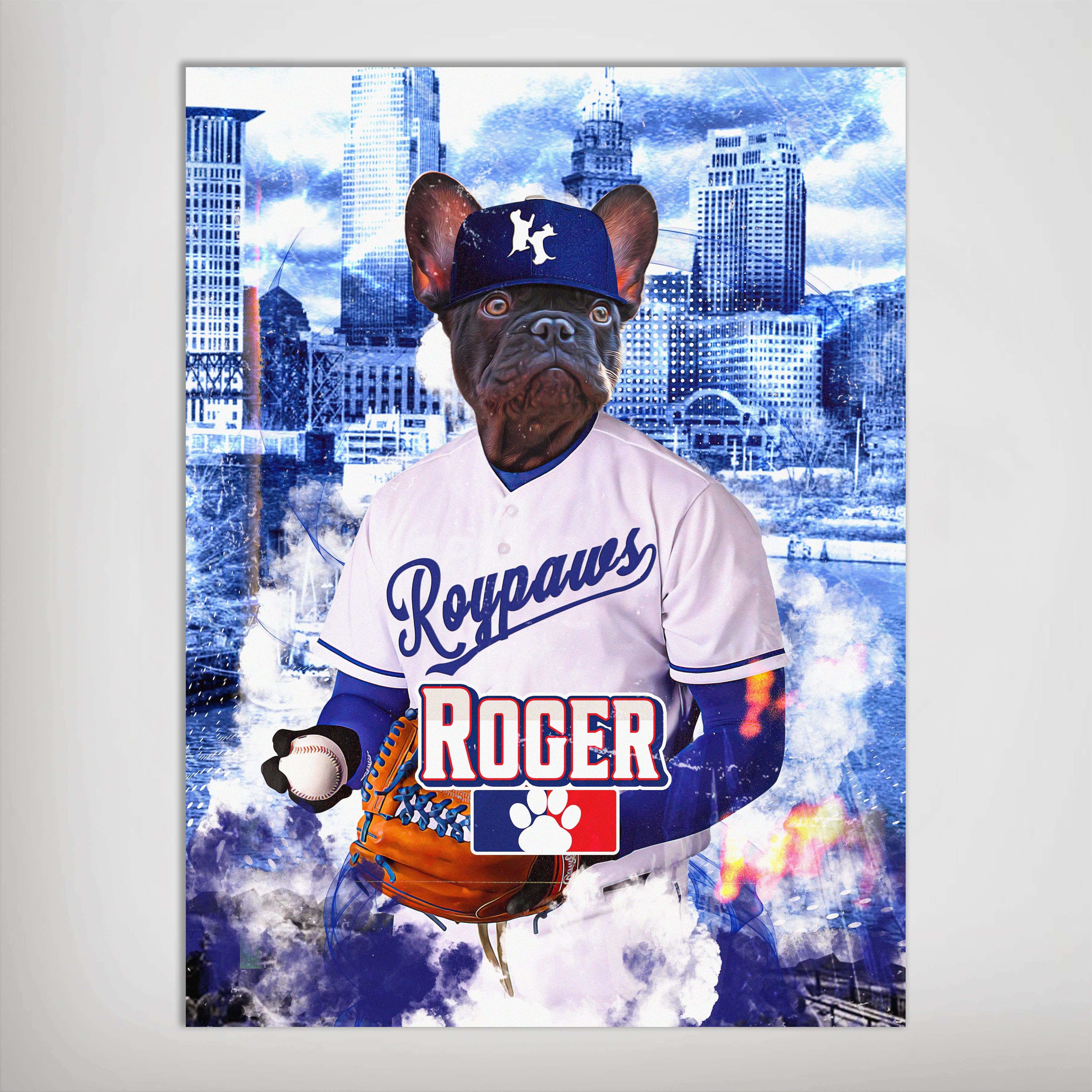 Personalized "Kansas City Doggo Royals" pet poster featuring a French Bulldog in a baseball uniform.