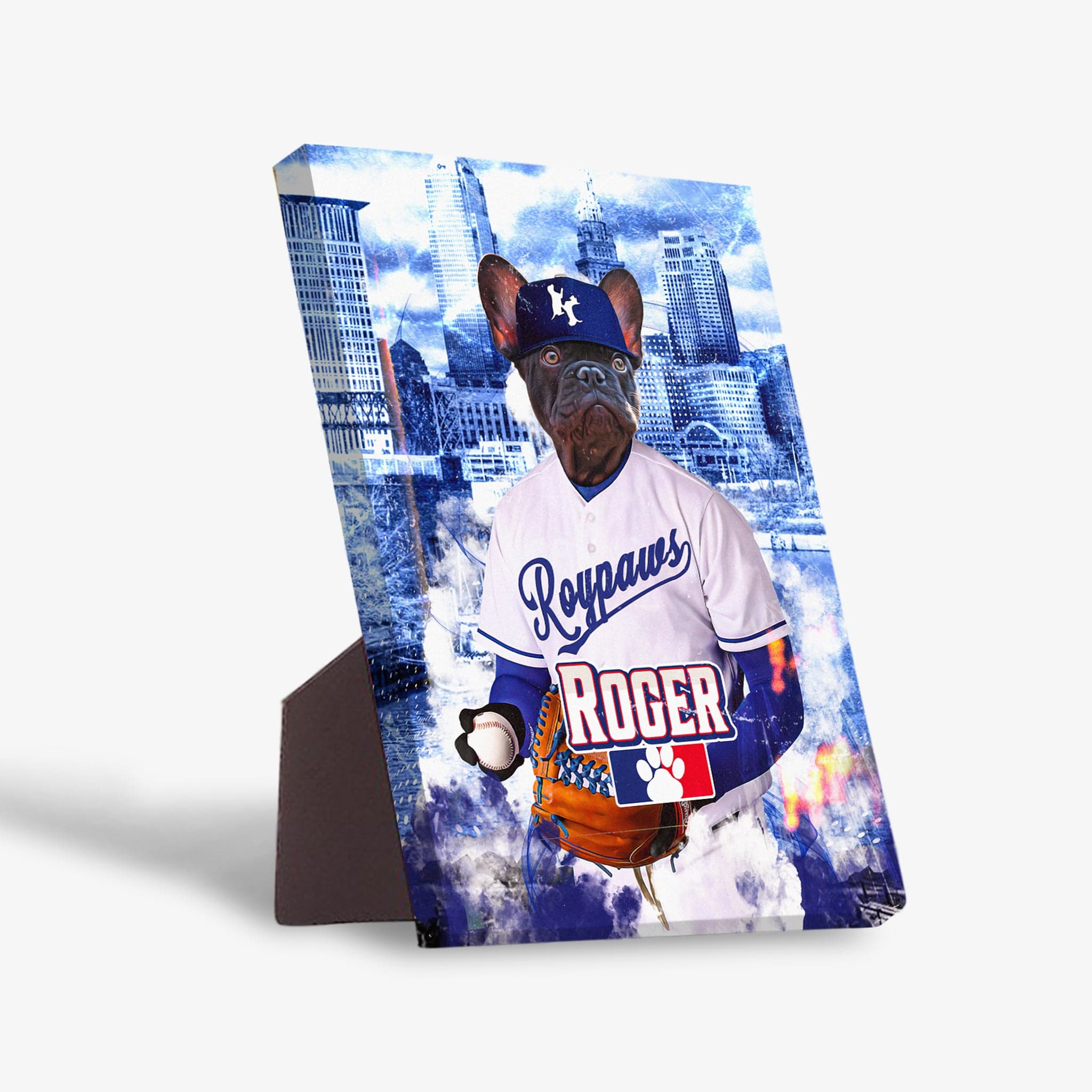 Personalized pet standing canvas featuring a French Bulldog in a "Roypaws" baseball uniform with a Kansas City skyline background.