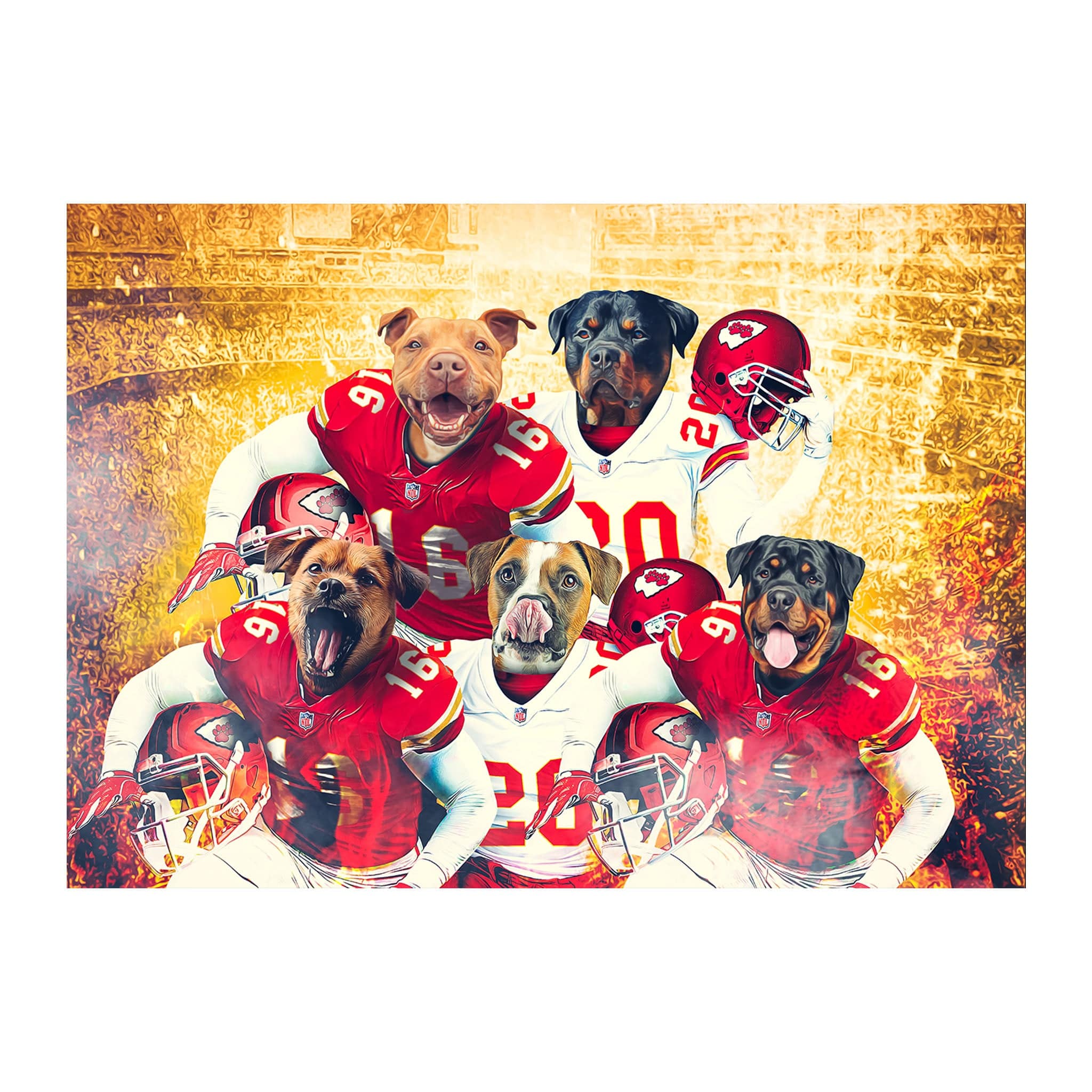 Five dogs in red and white Kansas City Chiefs football jerseys with helmets, against a fiery stadium backdrop.