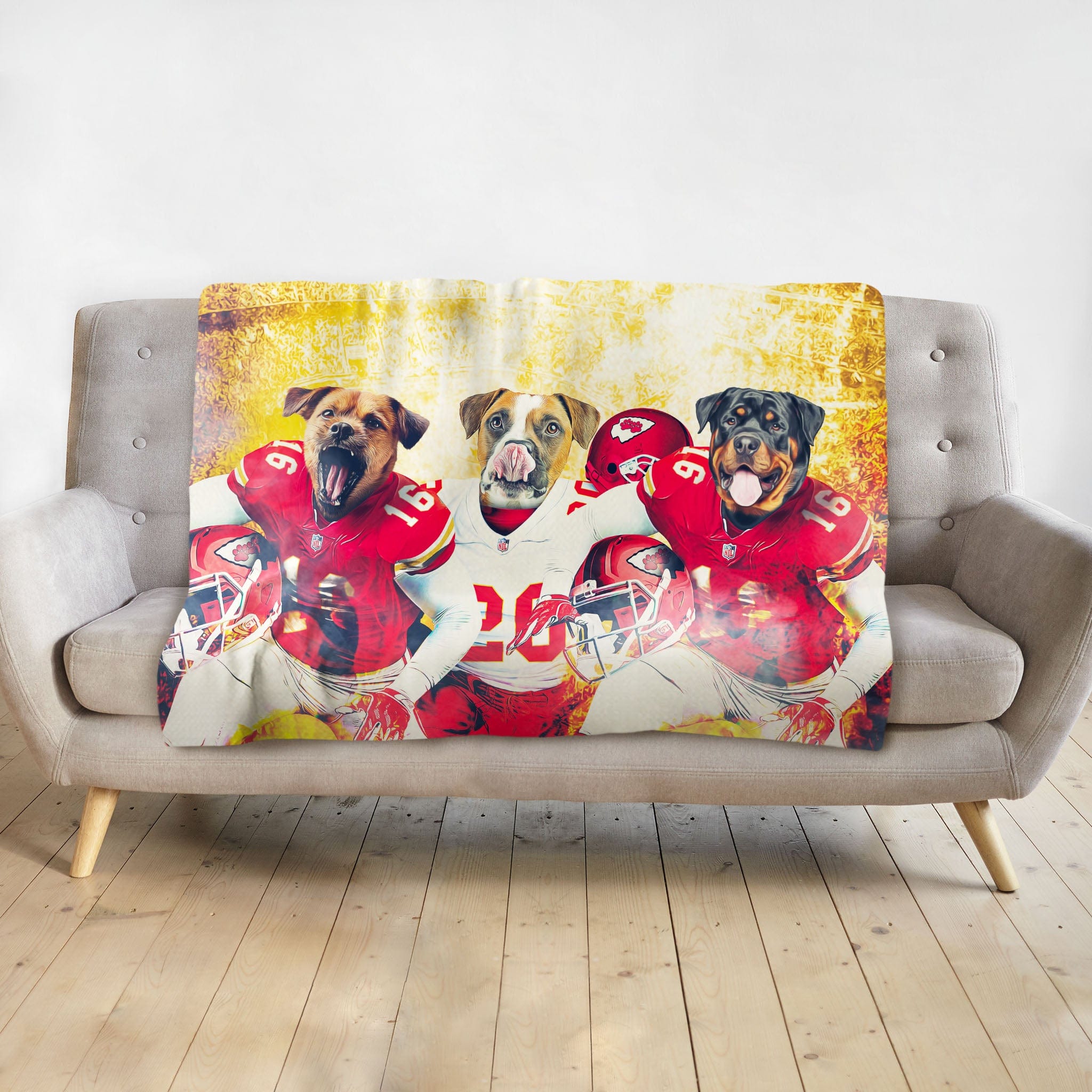 Personalized custom blanket with three dogs in red and white football uniforms.