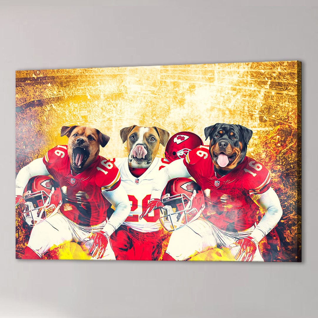 Three dogs in red and white football uniforms on a canvas with a fiery stadium background.