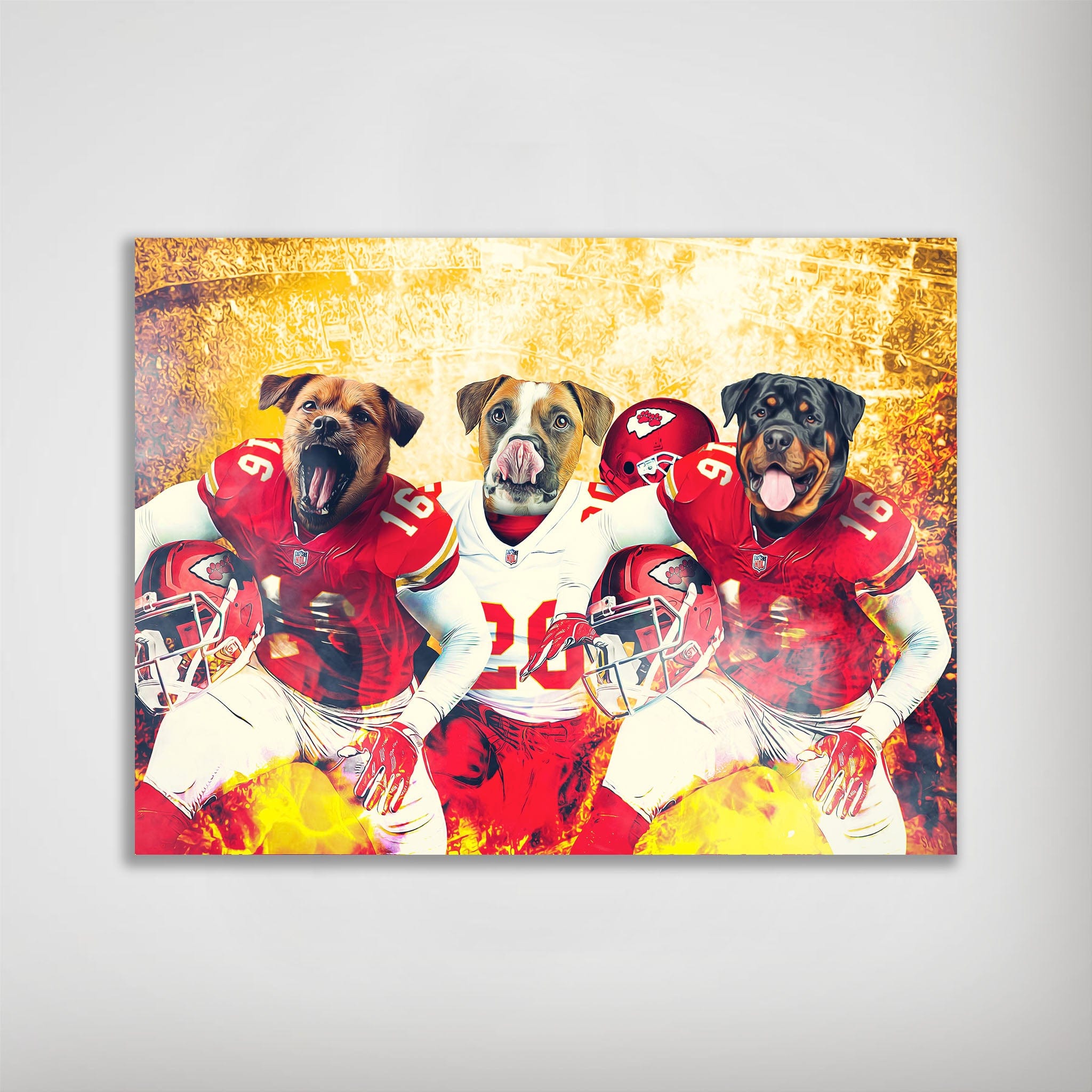 Personalized 'Kansas City Doggos' poster featuring three dogs in Chiefs football uniforms with a fiery background.