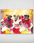 Personalized 'Kansas City Doggos' poster featuring three dogs in Chiefs football uniforms with a fiery background.