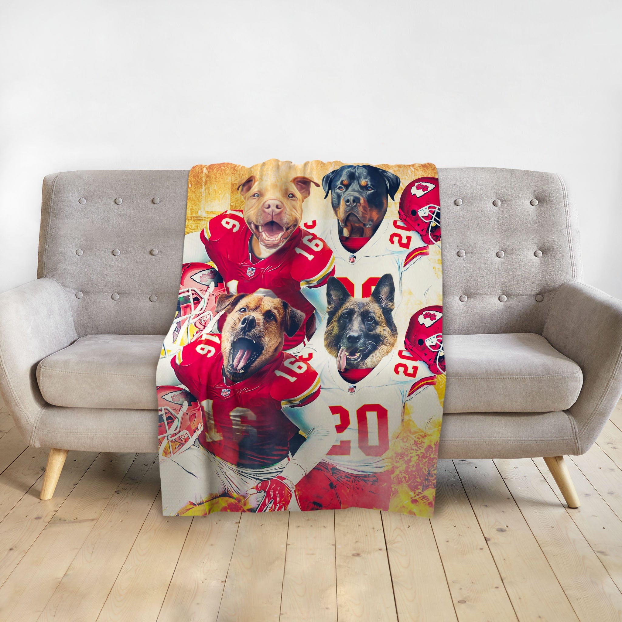 Personalized blanket with four dogs in Kansas City Chiefs football uniforms.