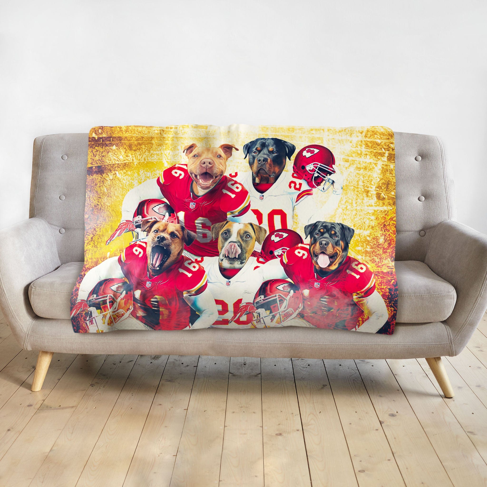 Personalized pet blanket with five dogs in Kansas City football uniforms.
