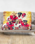 Personalized pet blanket with five dogs in Kansas City football uniforms.
