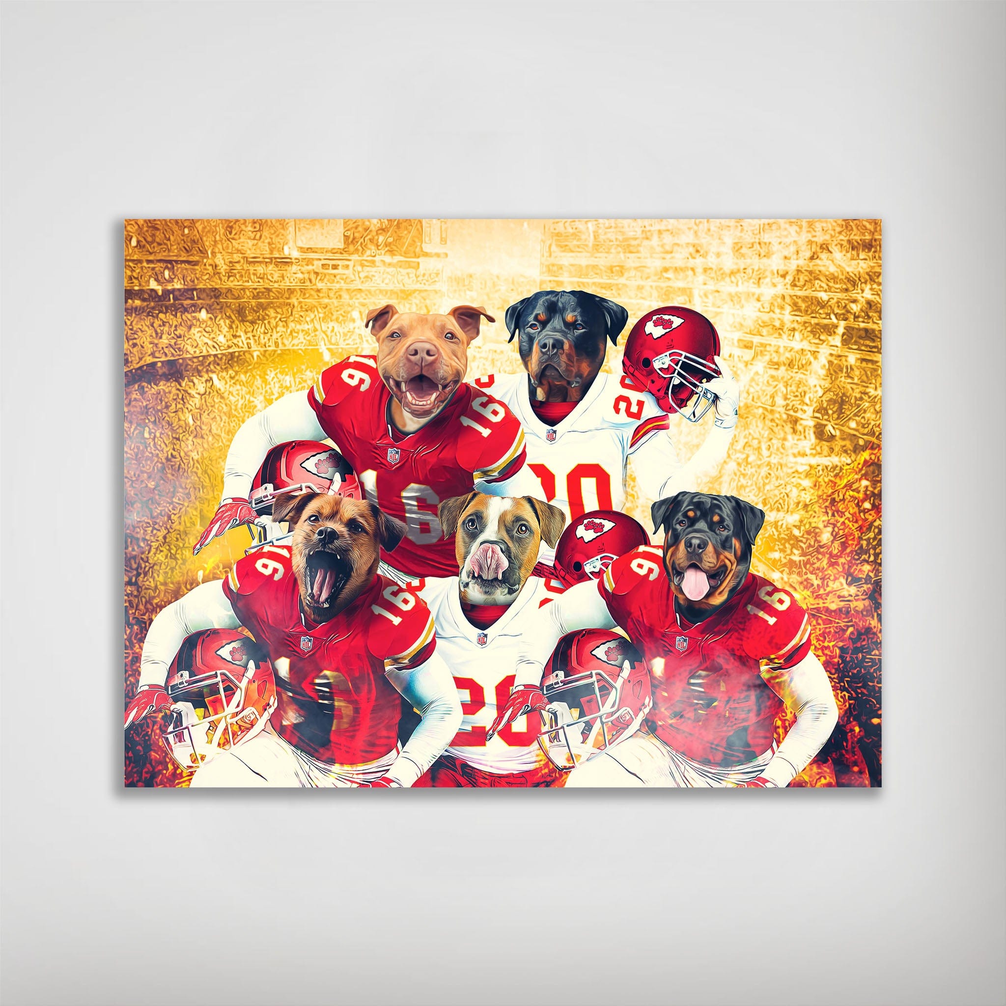Personalized Kansas City Doggos 5-pet poster featuring dogs in red and white football jerseys.