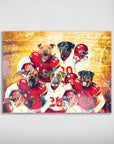 Personalized Kansas City Doggos 5-pet poster featuring dogs in red and white football jerseys.