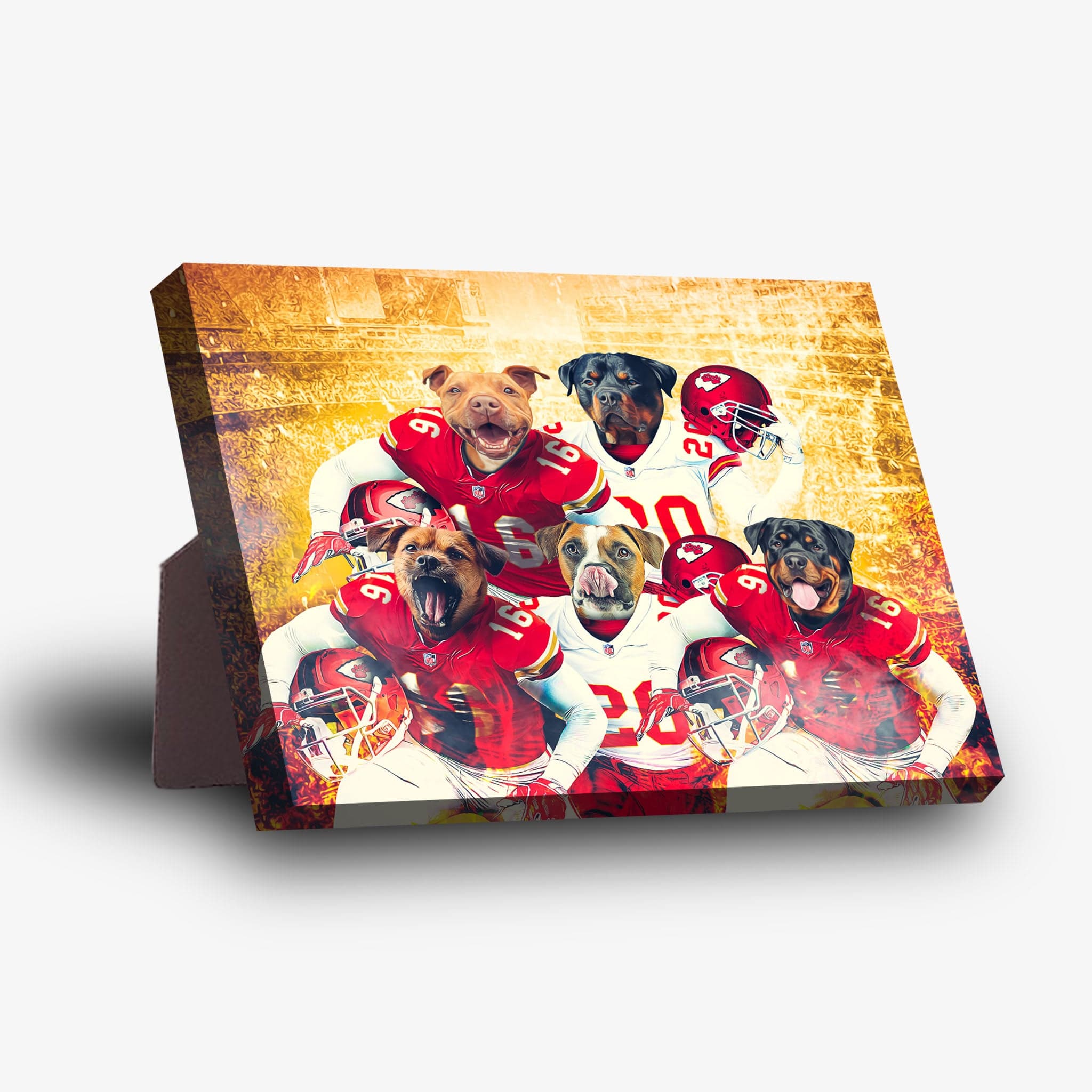 Five personalized pet portraits on a standing canvas, dogs in red and white football jerseys.