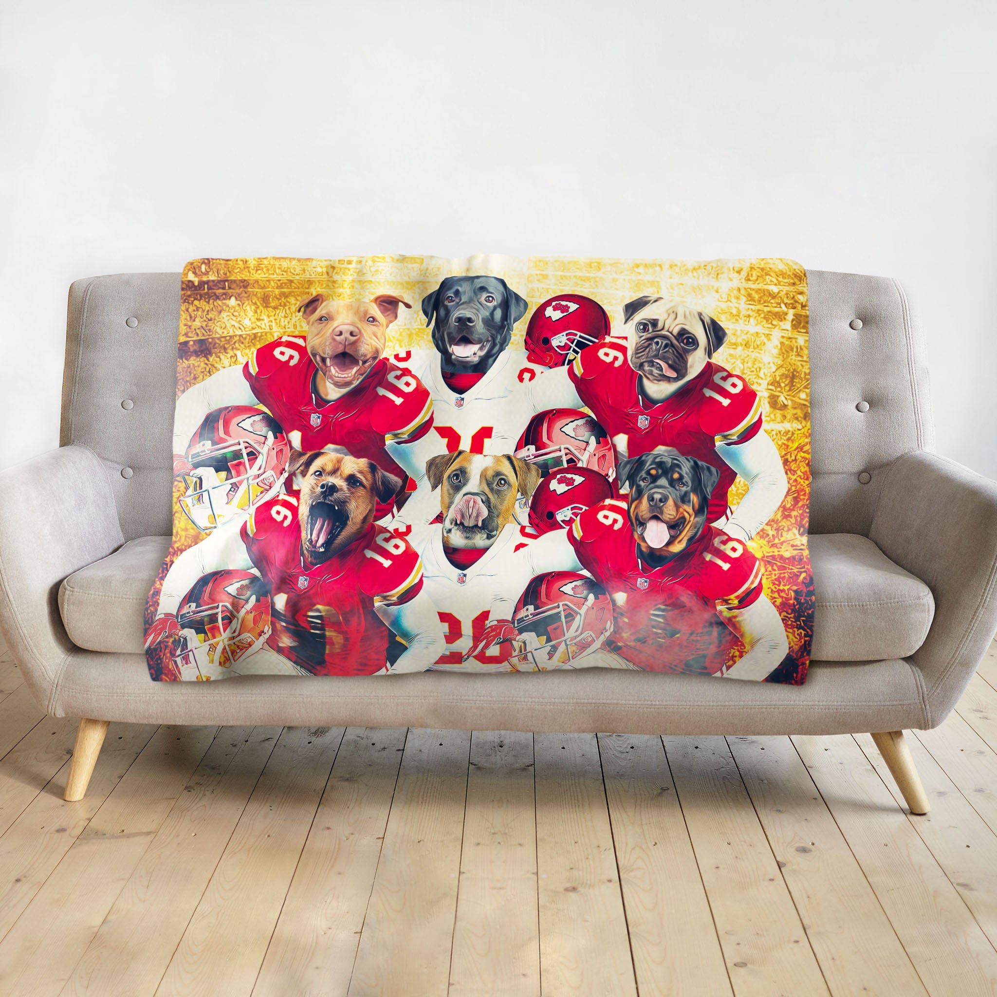 Personalized 6-pet blanket with dogs in Kansas City football uniforms.