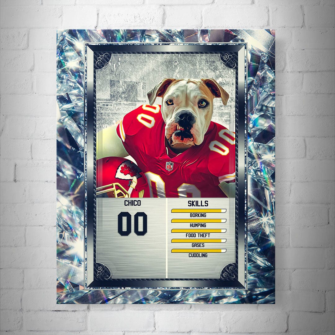 Personalized 8x10" matte poster featuring a bulldog in a red football jersey, styled as a trading card.