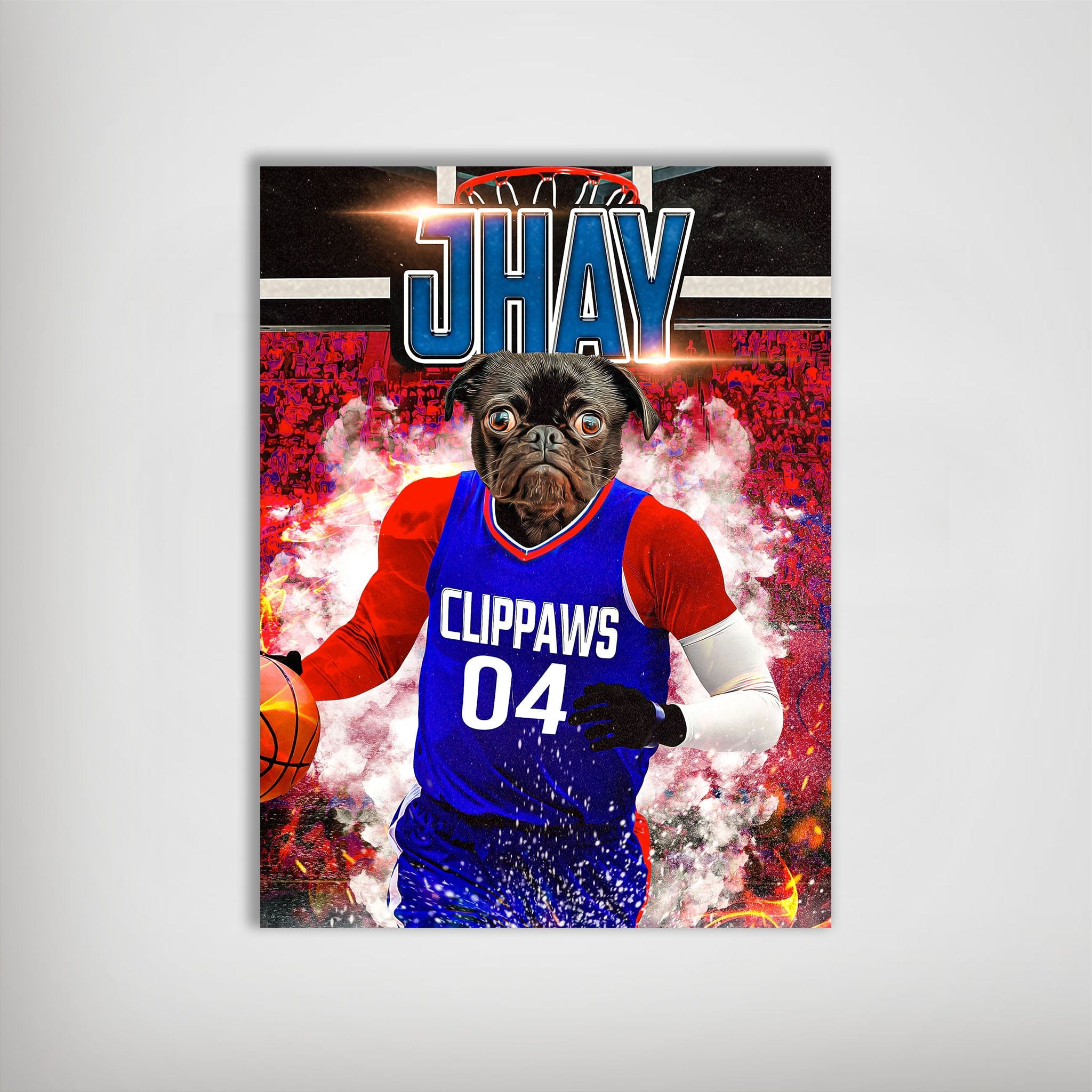 Personalized 'LA Clippaws' dog poster featuring a pug in a blue and red basketball jersey.