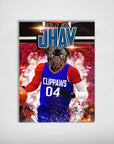 Personalized 'LA Clippaws' dog poster featuring a pug in a blue and red basketball jersey.