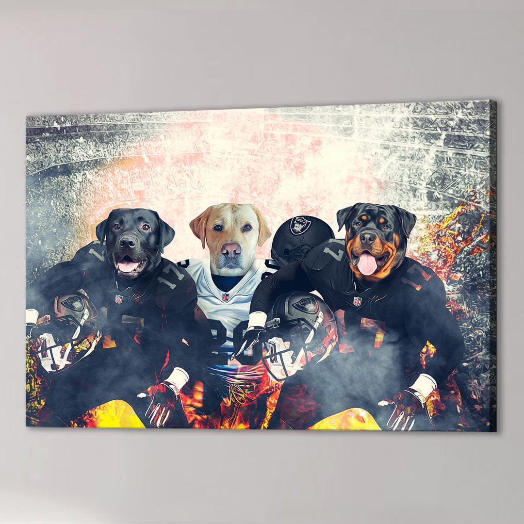 Personalized 'Las Vegas Doggos' canvas featuring three pets as football players in black and white uniforms.