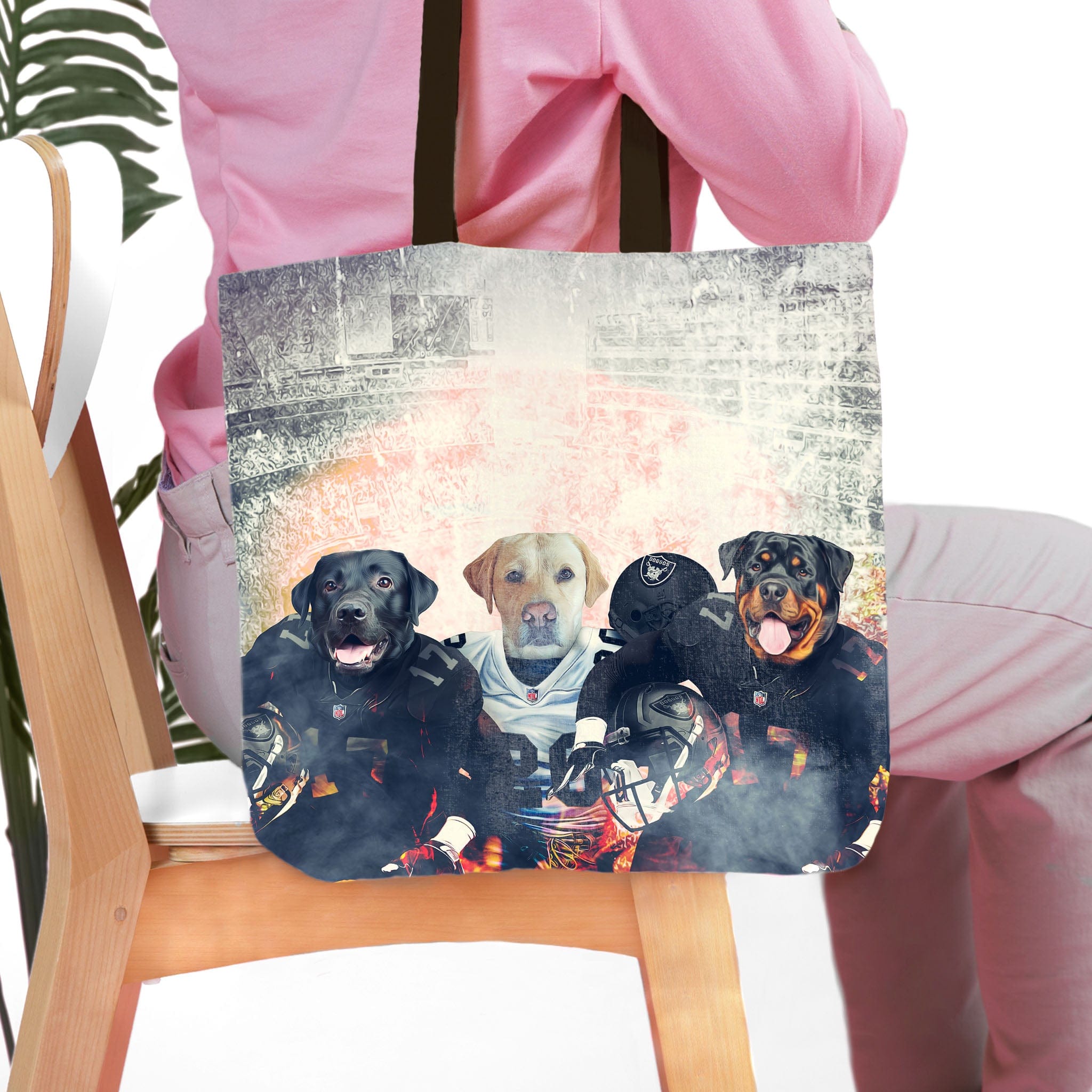 Personalized 3 pet tote bag with custom dog portraits in football uniforms on a stadium background.