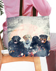 Personalized 3 pet tote bag with custom dog portraits in football uniforms on a stadium background.