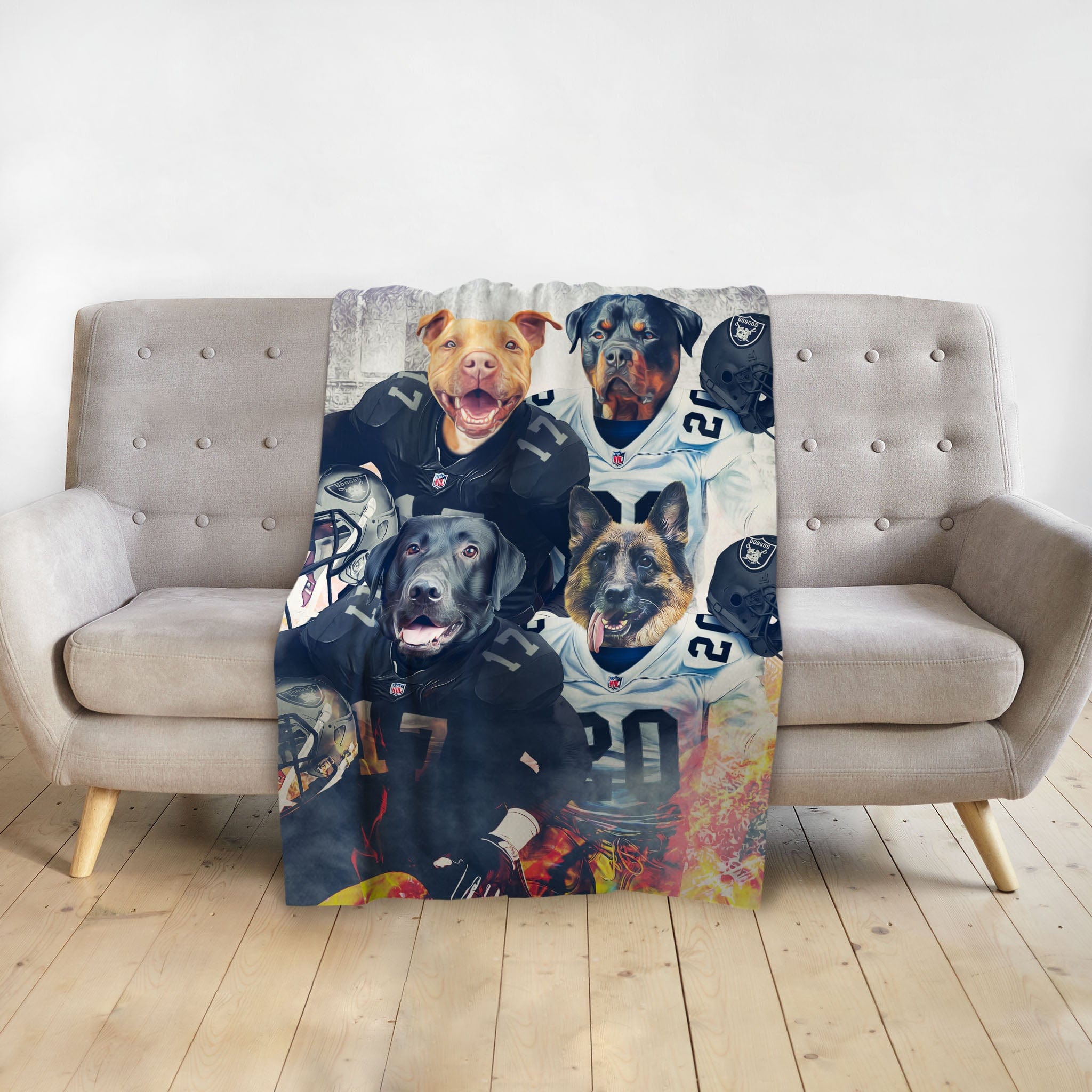 Personalized pet blanket with four dogs in Las Vegas Raiders football uniforms.