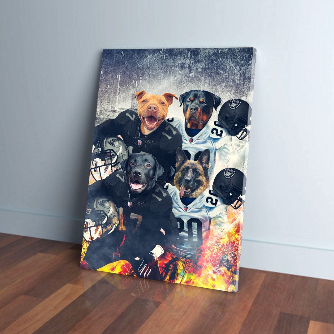 Four pets, including a Pitbull, Rottweiler, Lab, and German Shepherd, in football jerseys on a canvas.