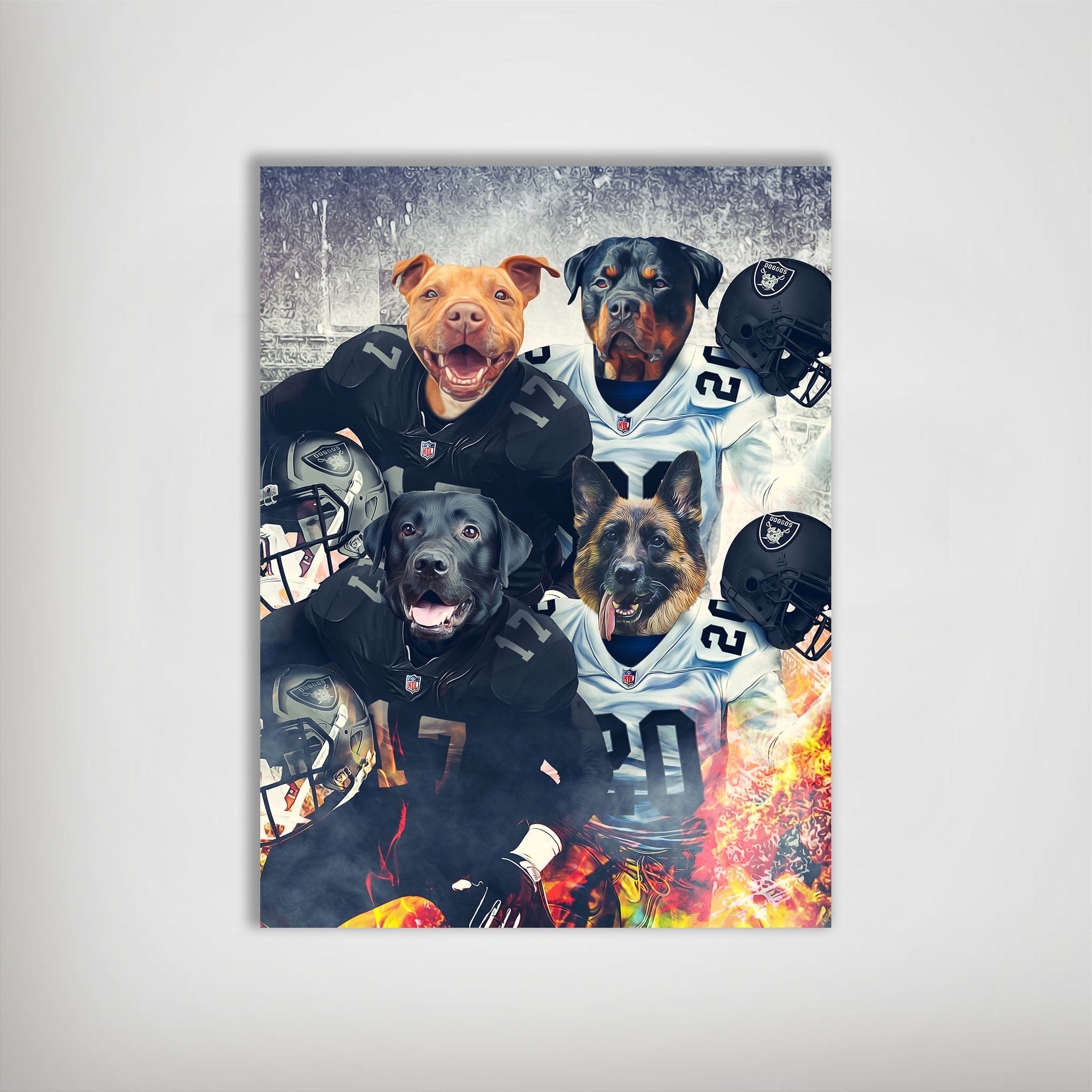 Personalized 'Las Vegas Doggos' poster featuring four pets as football players in black and white Raiders jerseys.