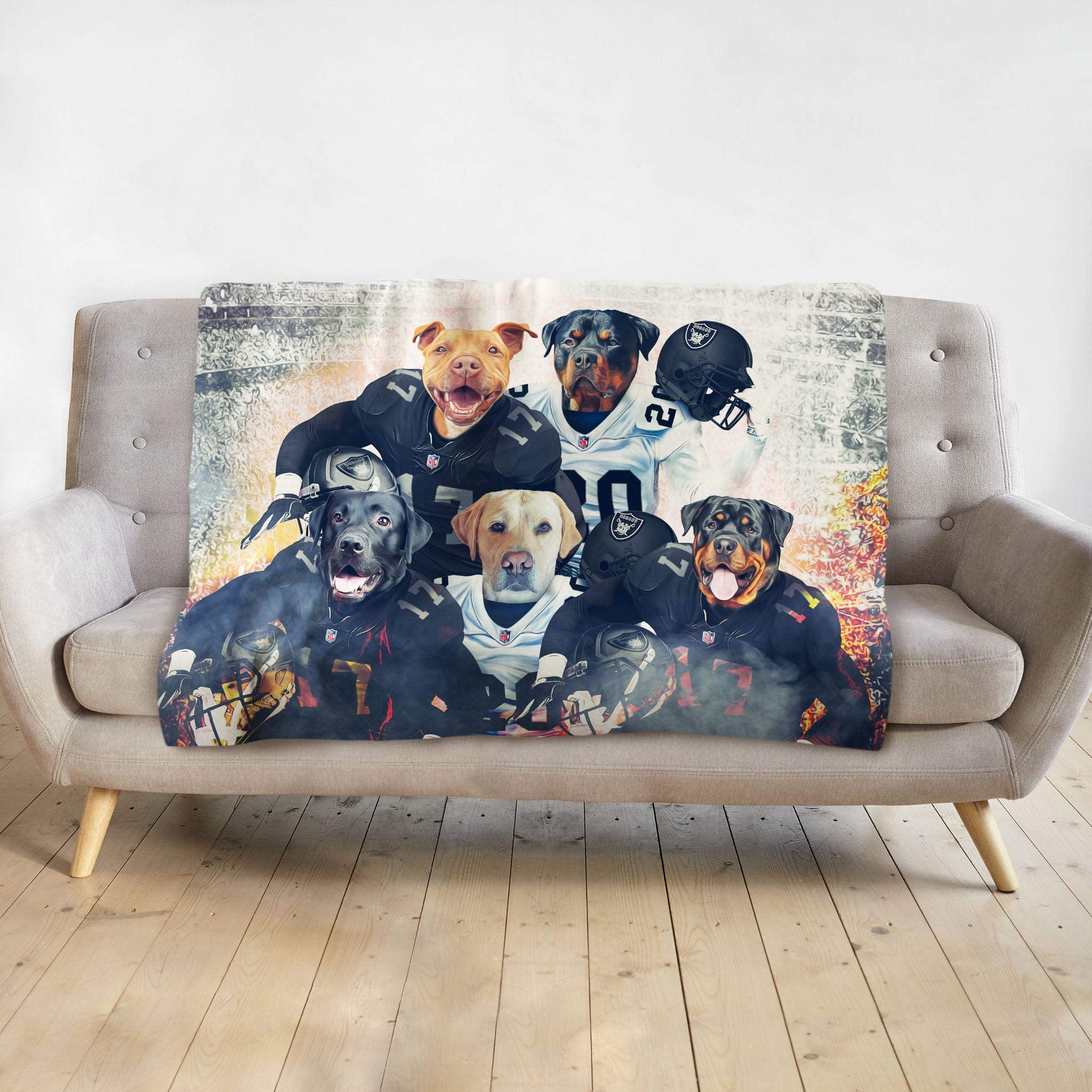 Personalized 5-pet blanket featuring dogs in football uniforms, "Las Vegas Doggos" style.