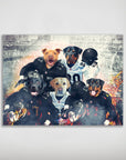 Personalized 5-pet poster featuring dogs in football jerseys with helmets, against a stadium backdrop.