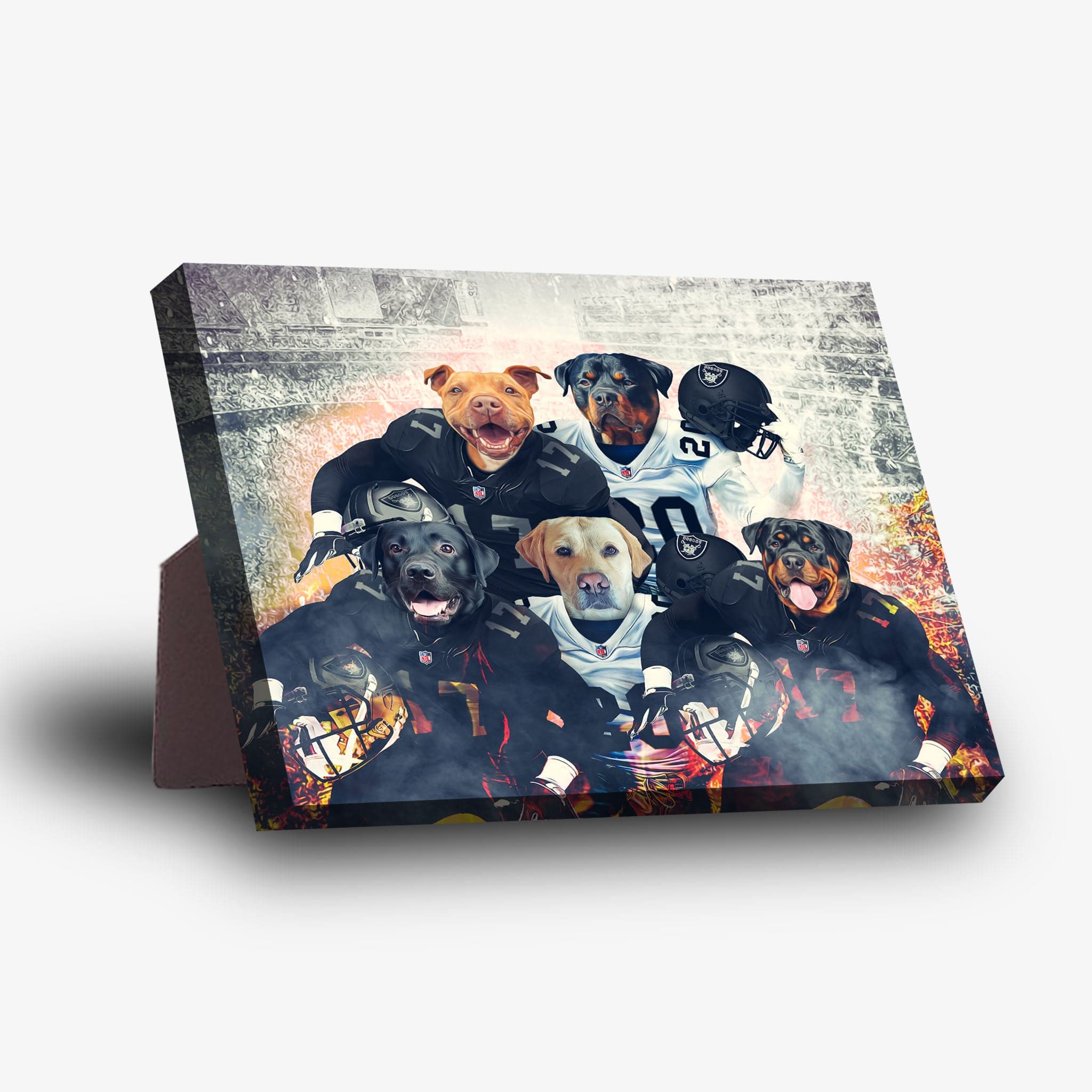 Personalized 'Las Vegas Doggos' standing canvas featuring five pets in football uniforms.