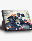Personalized 'Las Vegas Doggos' standing canvas featuring five pets in football uniforms.