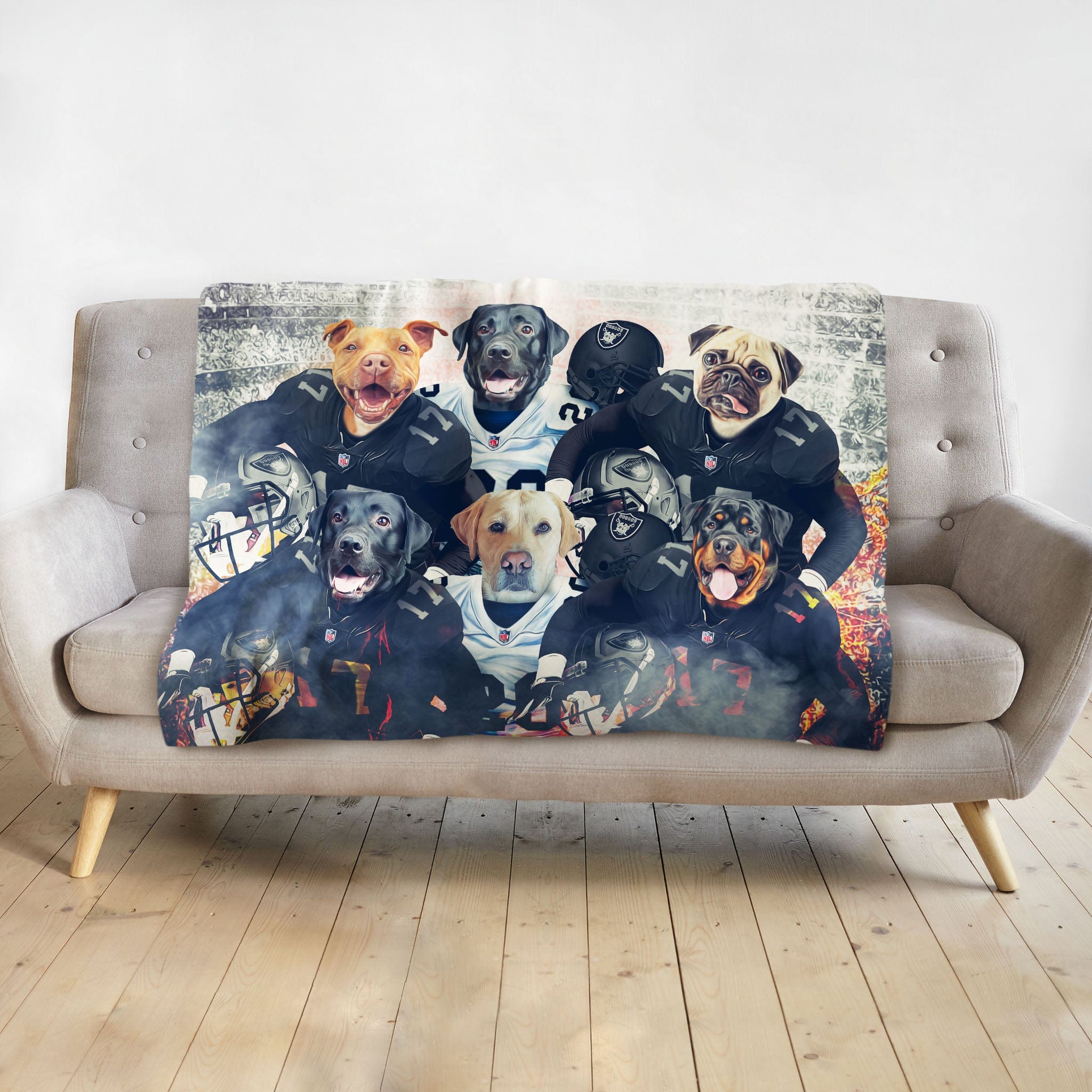 Personalized 6-pet blanket with dogs in football uniforms on a gray sofa.