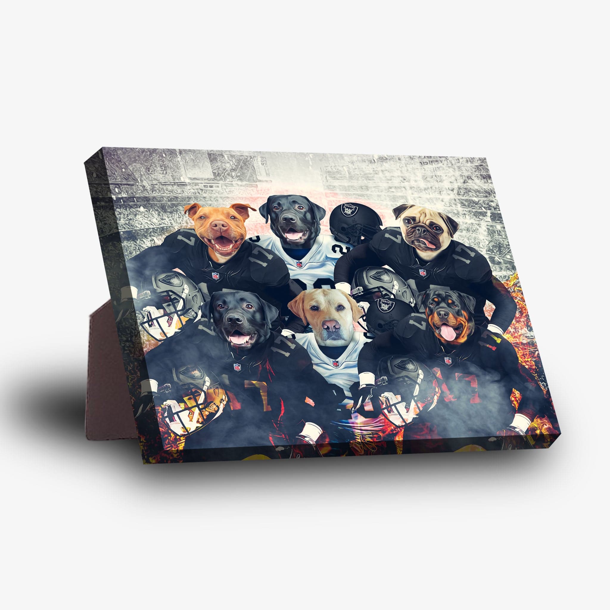 Personalized 'Las Vegas Doggos' 6-pet standing canvas featuring dogs in football uniforms.