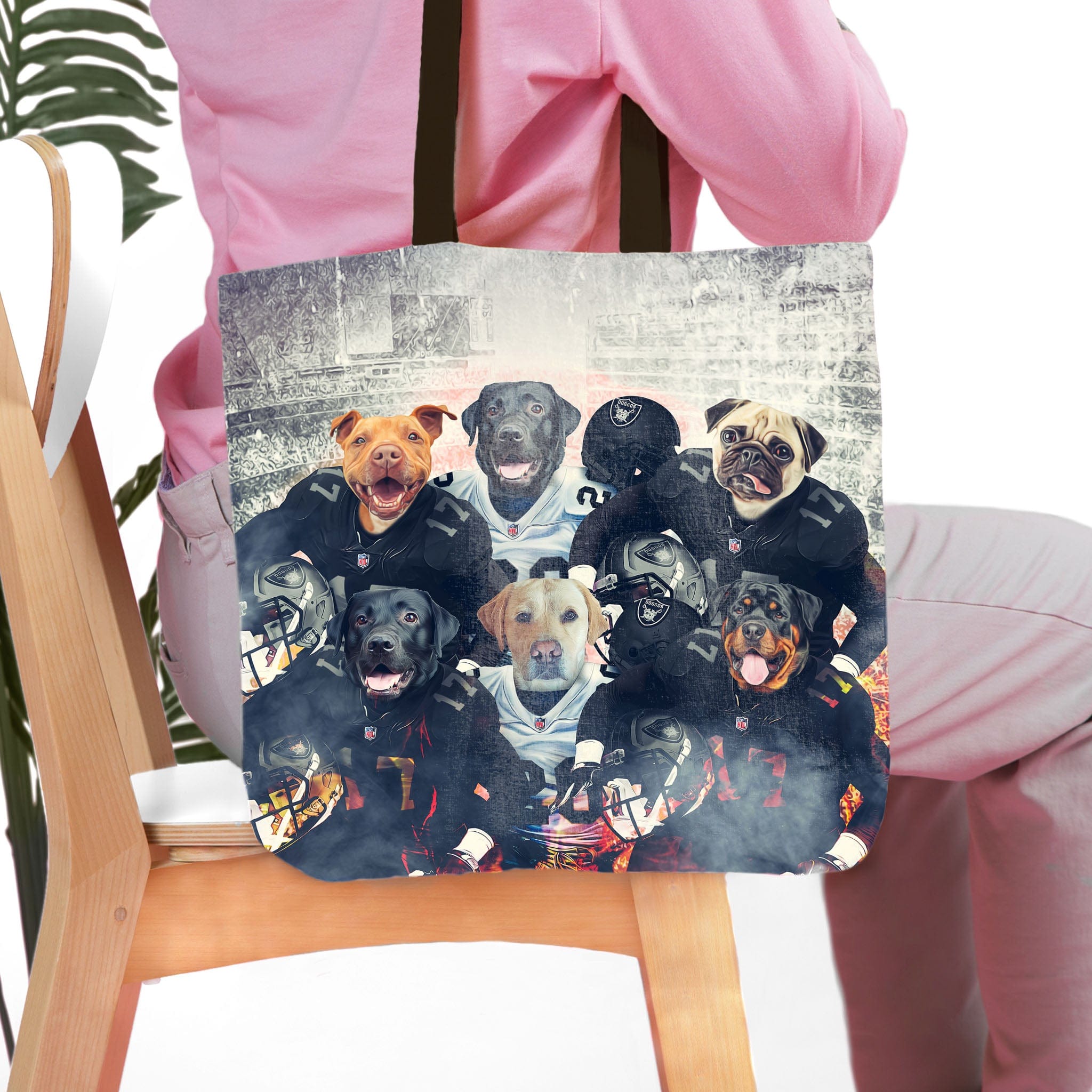 Personalized 'Las Vegas Doggos' tote bag featuring six custom pet portraits in football uniforms.