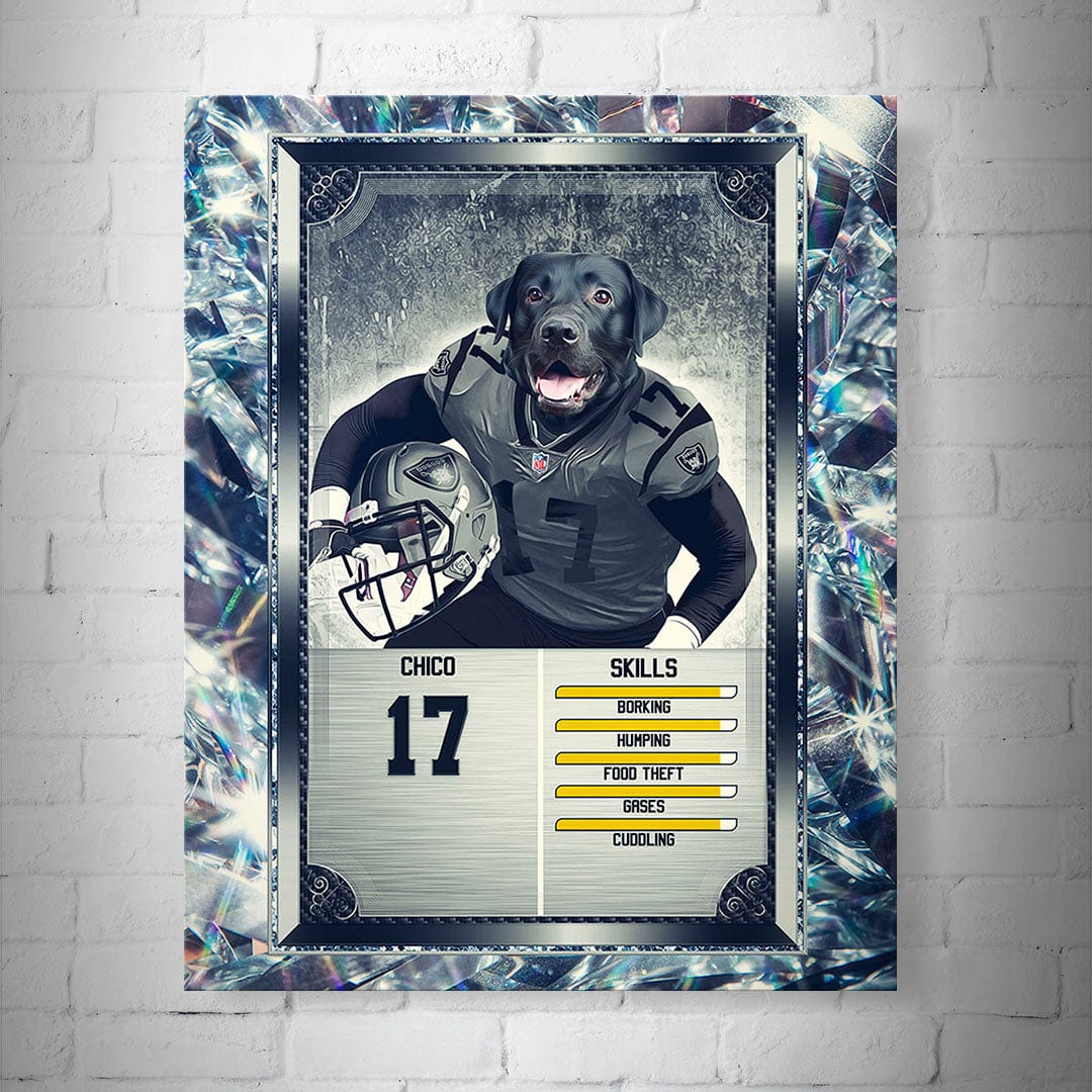 Personalized 8x10" matte poster featuring a black lab in a football jersey with custom name, number, and skills.