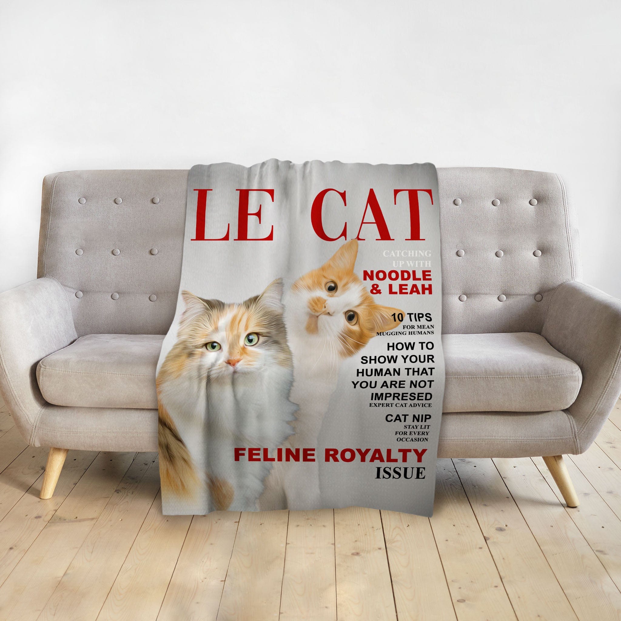 Personalized 'Le Cat' blanket featuring two cats in a magazine cover portrait style.