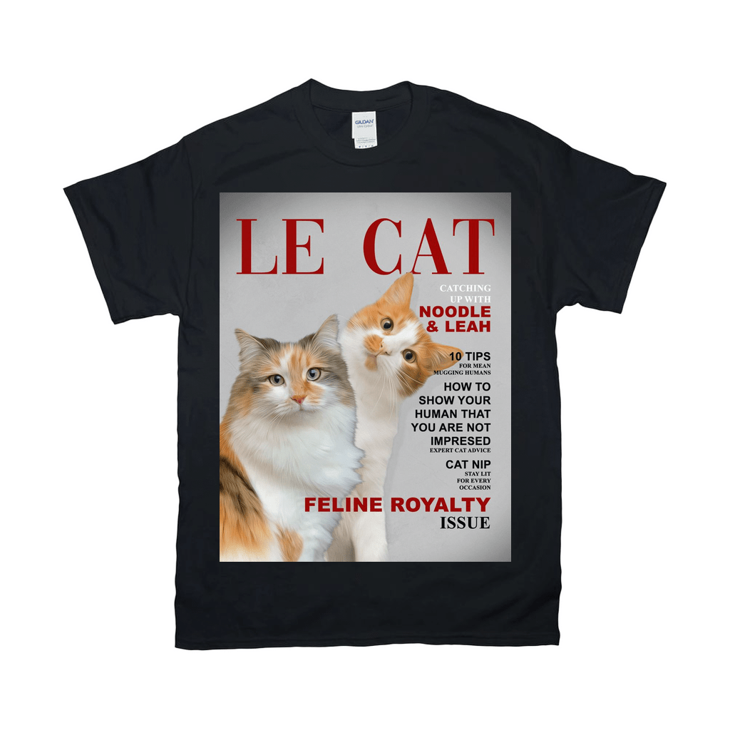 Black Gildan t-shirt featuring a personalized "Le Cat" magazine cover design with two cats.