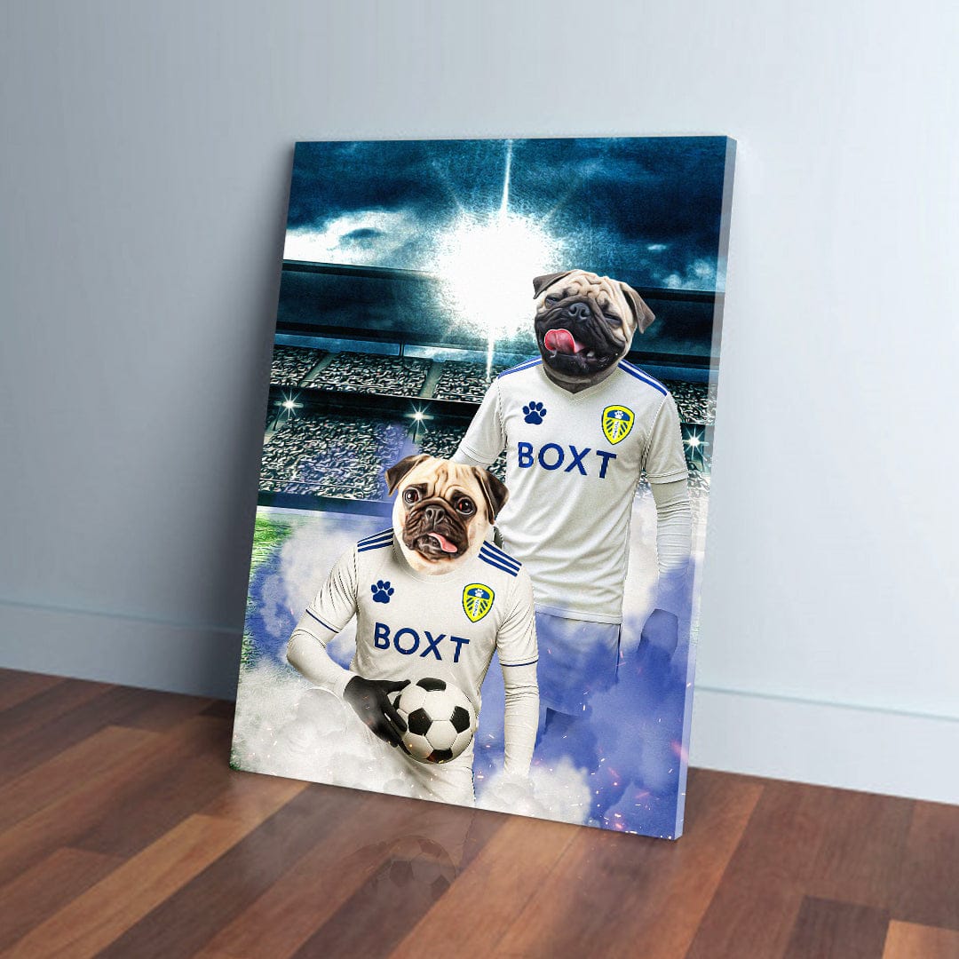 Two pugs in Leeds United football kits on a custom canvas, one holding a soccer ball.