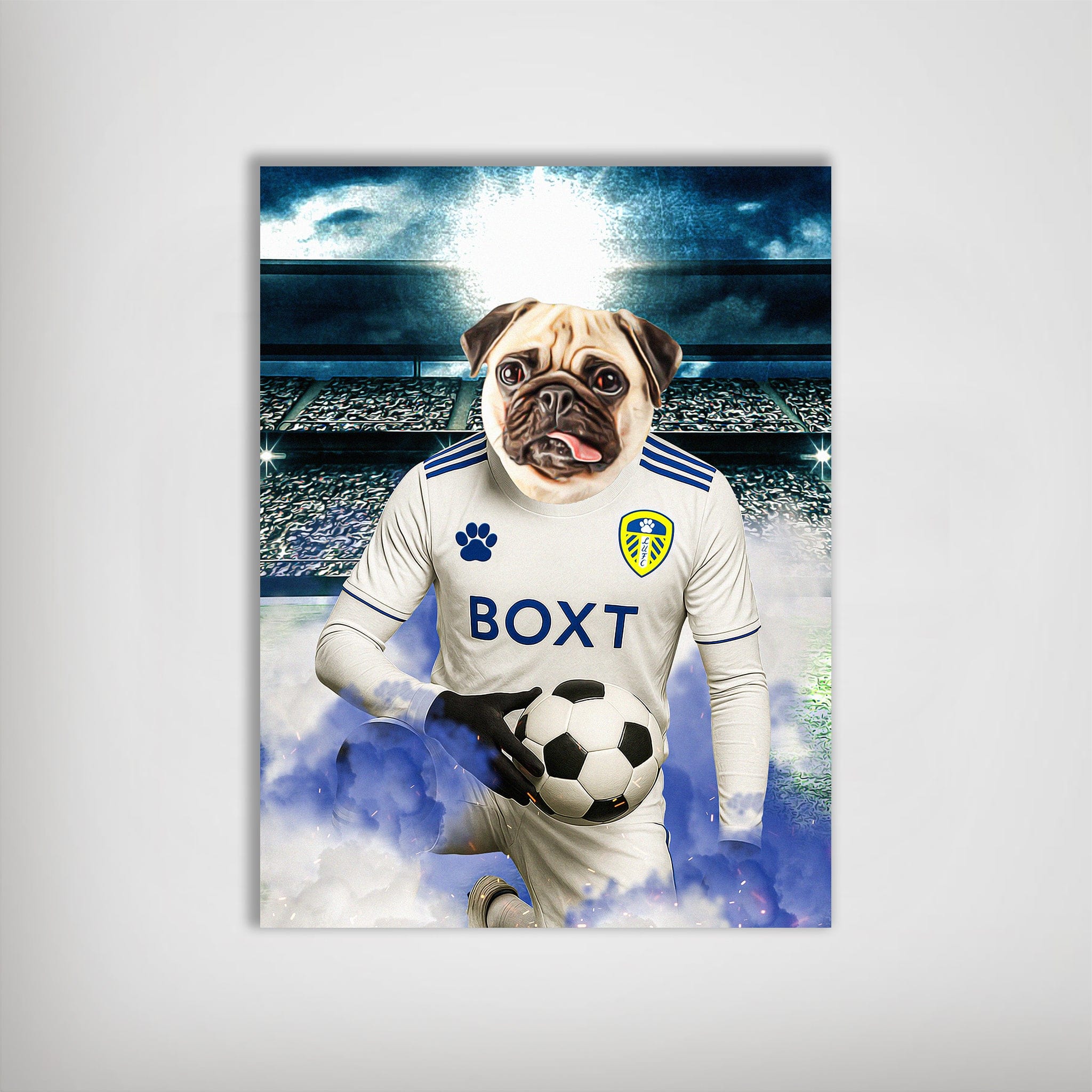 Personalized Leeds United Doggos Football poster featuring a pug in a white jersey holding a soccer ball.