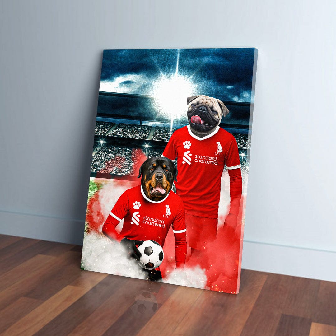 Personalized Liverpool Doggos Football canvas featuring a pug and rottweiler in red jerseys.