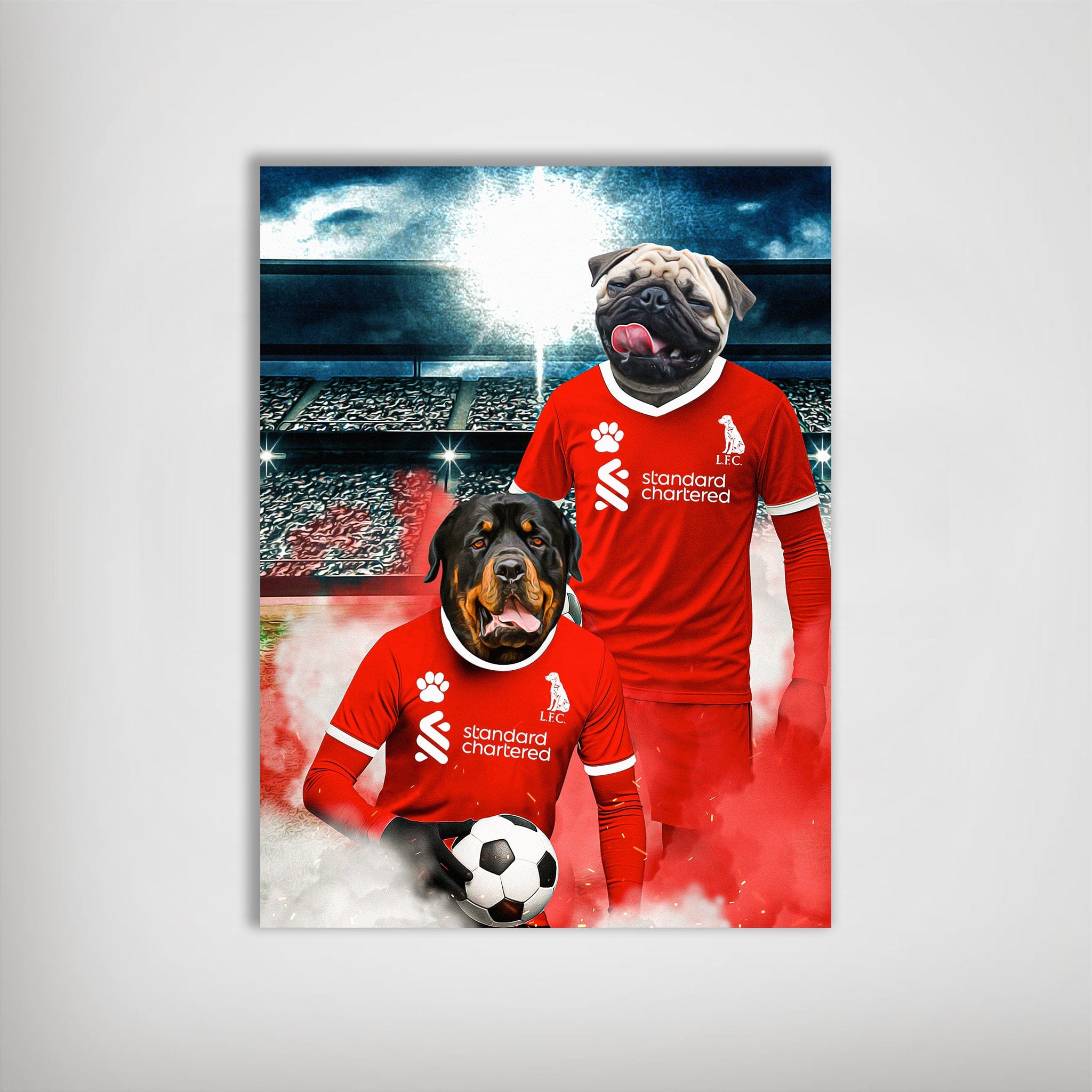 Personalized 'Liverpool Doggos Football' poster featuring a pug and rottweiler in red jerseys.