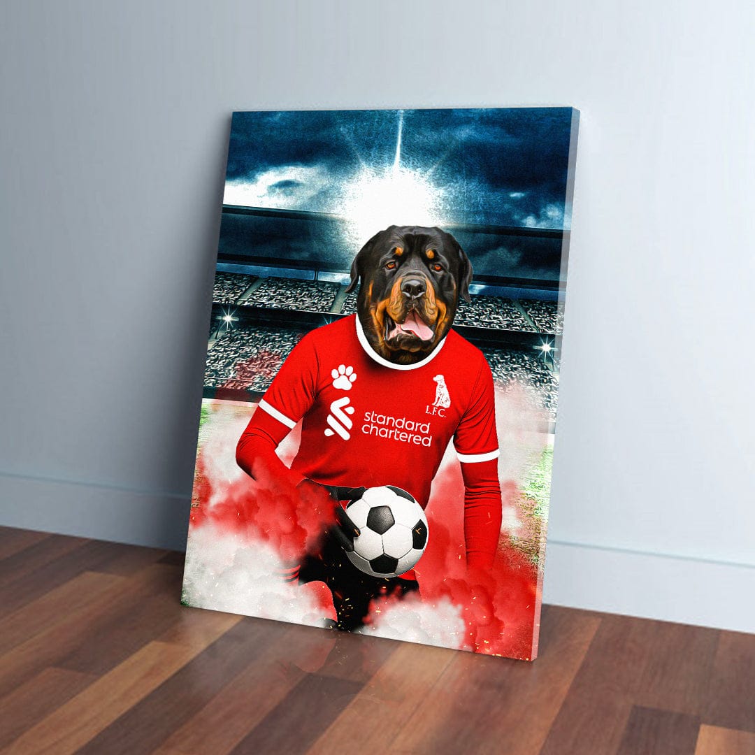 Rottweiler dog in a red Liverpool football jersey holding a soccer ball on a custom canvas print.