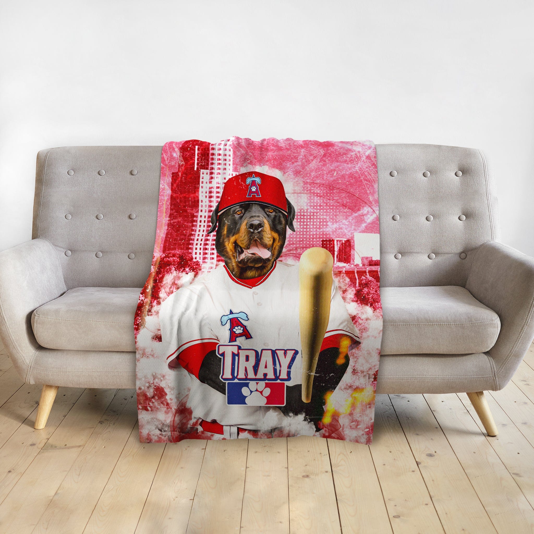 Personalized pet blanket featuring a Rottweiler in a baseball uniform with a red Los Angeles Angels hat.