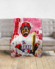 Personalized pet blanket featuring a Rottweiler in a baseball uniform with a red Los Angeles Angels hat.