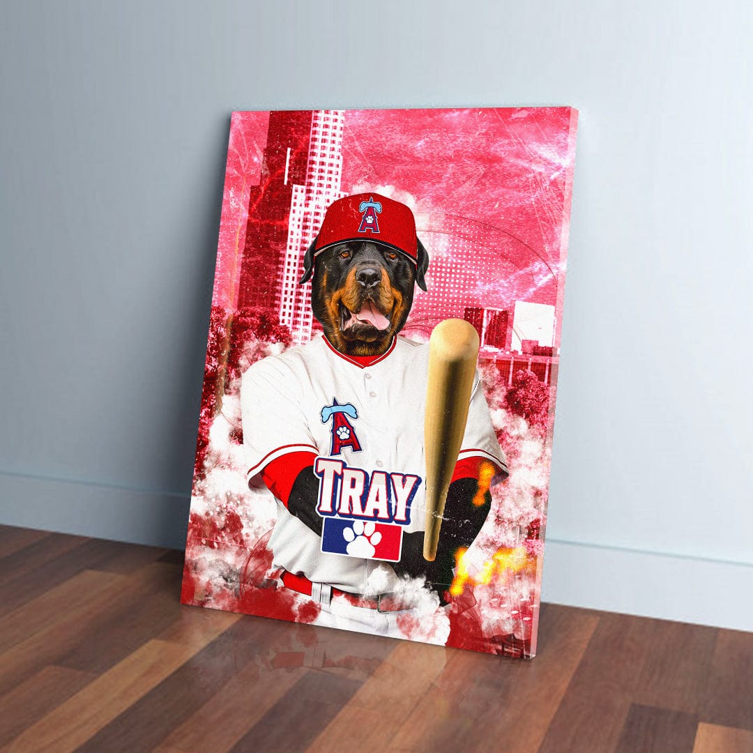 Custom pet canvas featuring a Rottweiler in a white baseball uniform, red cap, holding a bat, against a red city skyline.