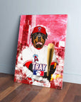 Custom pet canvas featuring a Rottweiler in a white baseball uniform, red cap, holding a bat, against a red city skyline.
